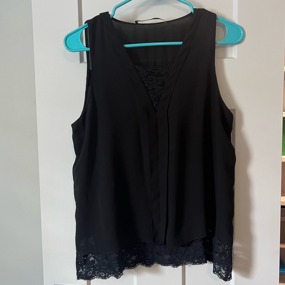 Zara Black Lace Detail Black Sleeveless Top, M